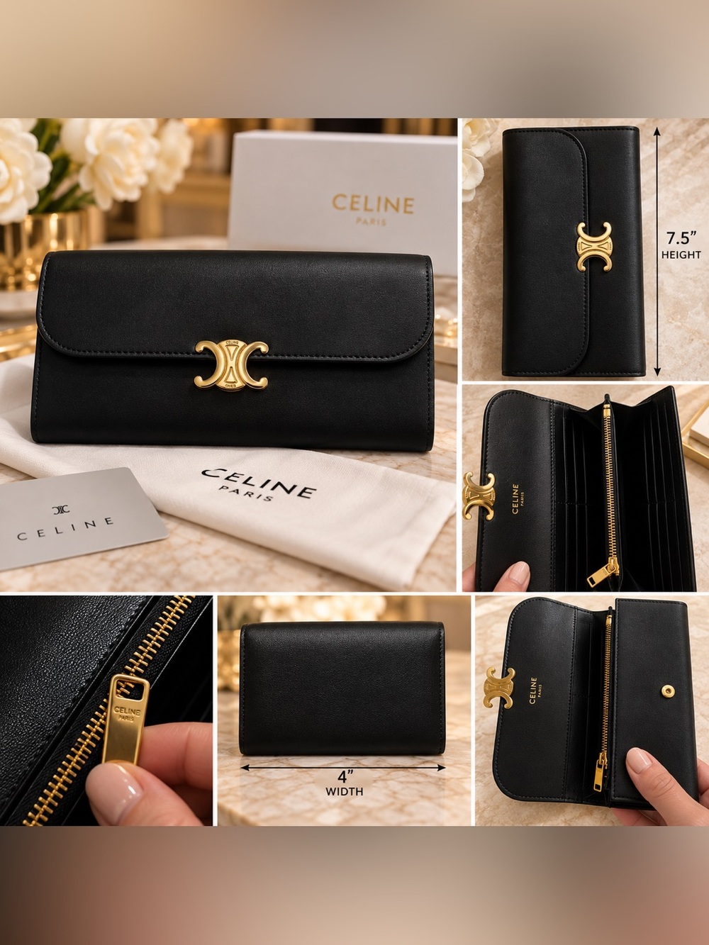 Black Leather Triomphe Clasp Continental Wallet with Gold Hardware
